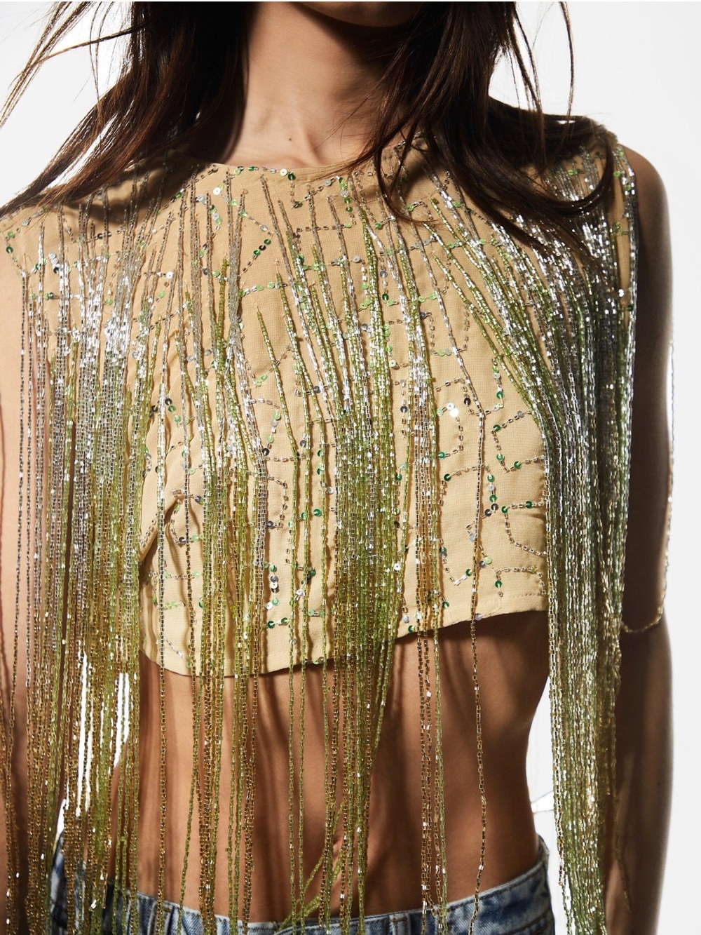 Ombré Tassel Beaded Fringe Crop Top / Cape - Picture 3 of 9